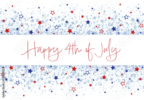 A blue glitter confetti border, with stars and Happy 4th of July text on white
