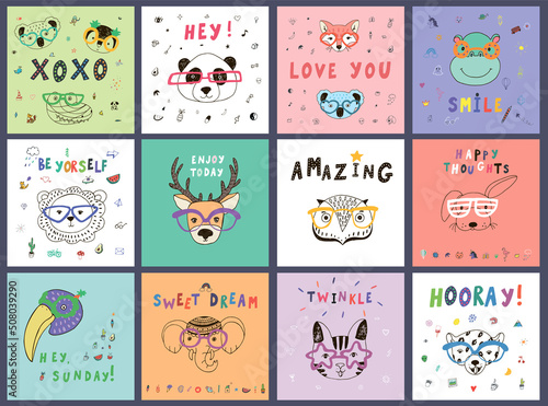 Animal funny faces with trendy glasses vector illustrations print set