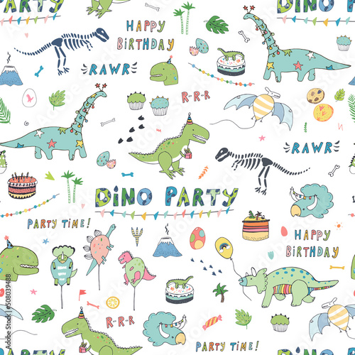 Birhday dinosaur celebration vector seamless pattern