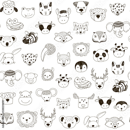 Animal funny faces vector seamless pattern