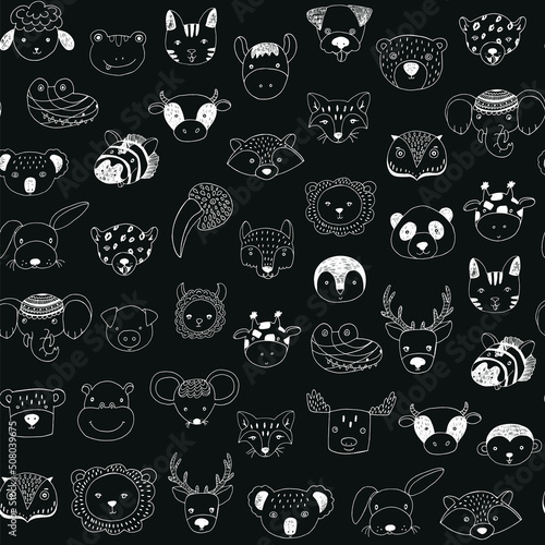 Animal funny faces vector seamless pattern