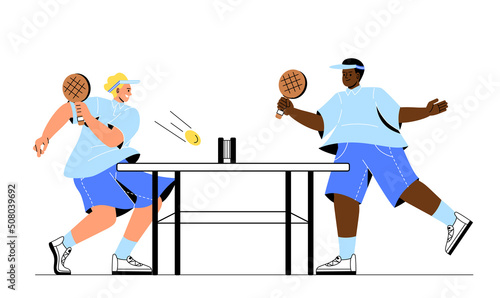 Relaxing together at leisure time. Men with rackets play ping pong or table tennis. Active lifestyle or sport, ball competition. Friends rest indoor on weekend. Cartoon flat vector illustration