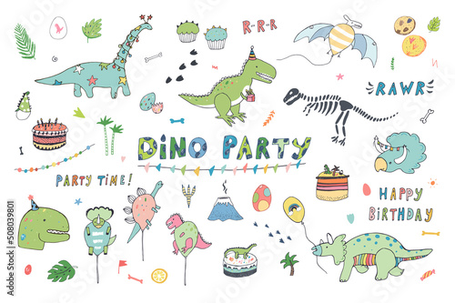 Birhday dinosaur celebration vector illustrations set