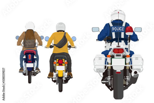 バイク取り締まり中の白バイ　後ろ