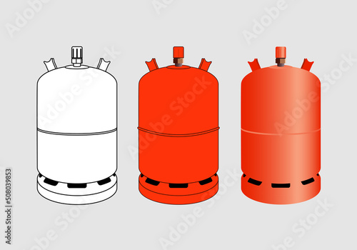 Bombonas de butano en blanco y negro, naranja y degradado naranja sobre fondo gris. Gas butano