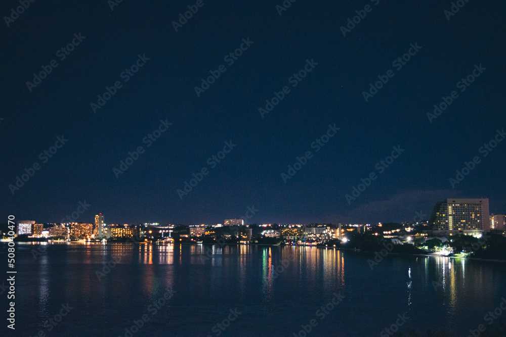 グアムの夜景　ウォーターフロント　夏休みの休暇イメージ　夕暮れから夜へ　背景素材