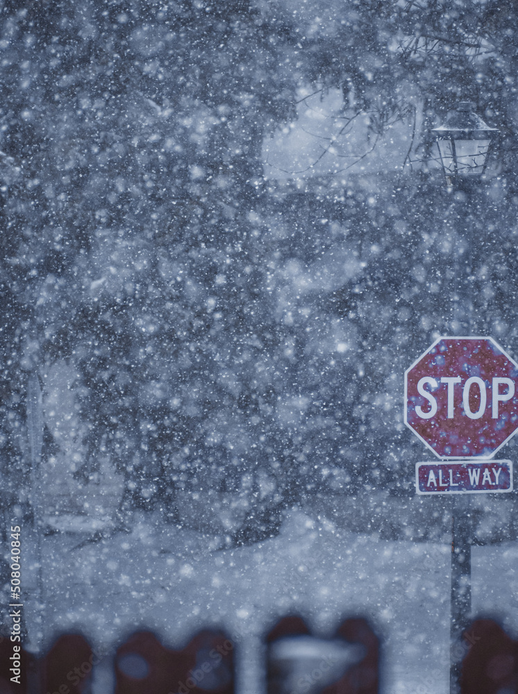 snow out the window and stop sign