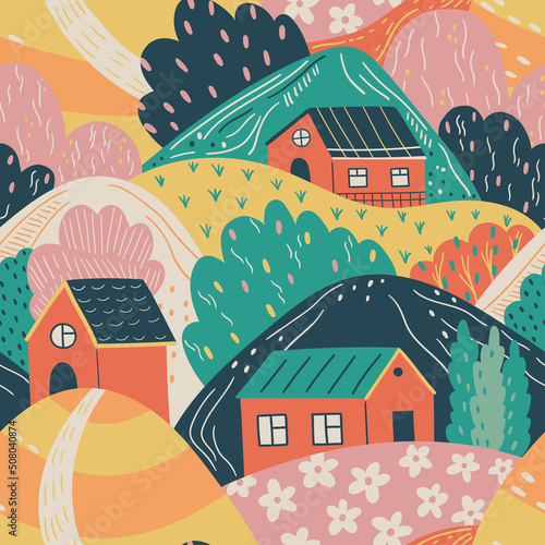 Vector seamless pattern with with mountains and houses. Mountain landscape. Cute decorative background with landscape.  Design for fabric, wallpaper or wrap paper.