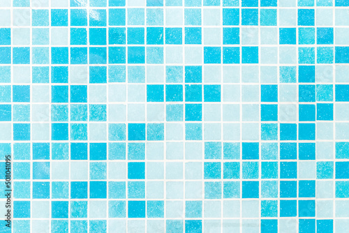 Aqua Blue Ceramic Tile Mosaic Abstract Pattern Square Design Bath or Pool Texture Background, Soft Focus