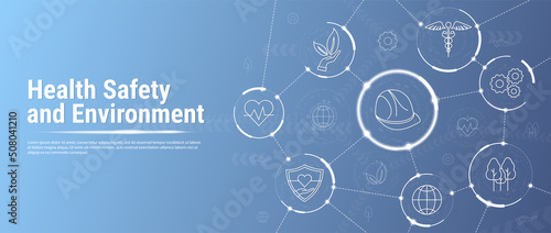 Health Safety and Environment Icon Set and Web Header Banner. HSE - Health, safety environment abbreviation banner web icon for business and organization. Standard safe industrial work and industrial.