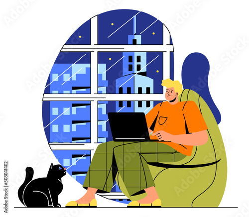 Remote work disadvantages. Guy at laptop works late and cries. Owner and cat in evening. Character trying to meet deadline, poor time management and overwork. Cartoon flat vector illustration