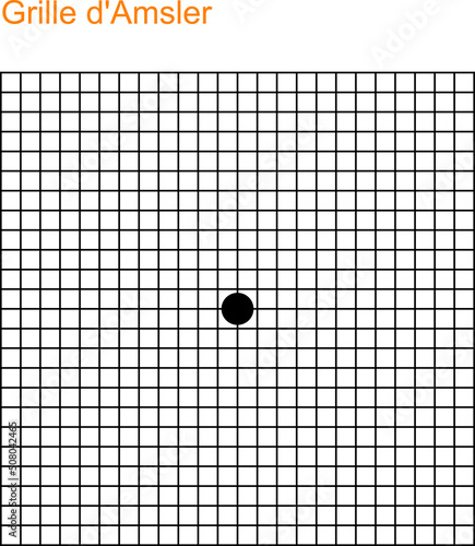 Amd Screening. Macular Degeneration Test. Vision control. Grid scotoma eye test. Printable chart retina examination. With Grille d'Amsler Lettering photo