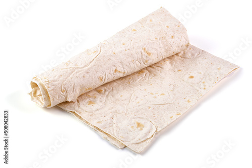 Wheat flour tortilla, isolated on white background.