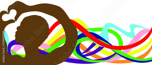 An abstract vector illustration of a faceless person forming a heart gesture on the foreground with  LGBTQ+ with stripes and waves of the Pride Flag colors at the background