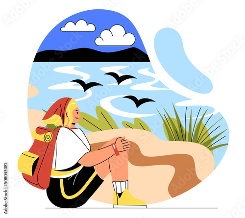 Resting in nature on adventure. Girl sits on beach and looks at sea. Hiking, tranquility and relaxation. Tourist in exotic country resting and watching sunset. Cartoon flat vector illustration
