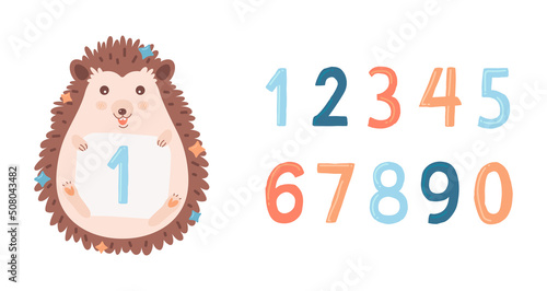Illustration of a cute little hedgehog boy with numbers from zero to nine.