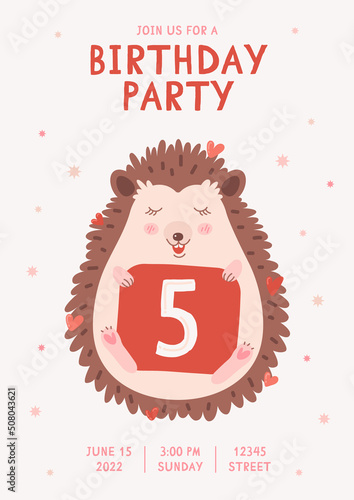 Cute hedgehog girl with the number 5. An invitation to a children's birthday party. 5 year birthday illustration.