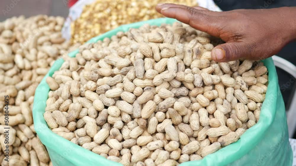 young man's hand over Processed pea nuts young man's hand over Processed pea nuts
