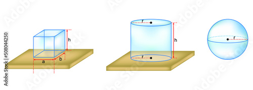 Physics shapes for schools. Cube, cylinder, circle 3d transparent vector or illustration set
