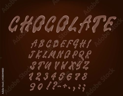 Hand drawn latin alphabet made of dark melted chocolate. Sweet food packaging font. Liquid font style. Vector illustration. © Logvin art