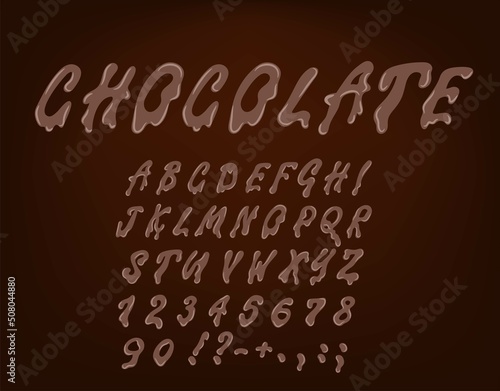 Hand drawn latin alphabet made of dark melted chocolate. Sweet food packaging font. Liquid font style. Vector illustration.
