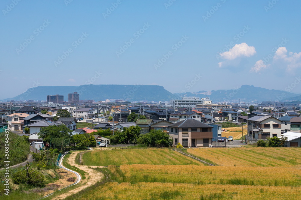 Landscape of takamatsu city suburbs with Mt.yashima , view from bushozan town , kagawa, shikoku, japan	
