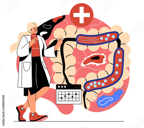 Sections of medicine. Girl evaluates work of intestines, selects best medicines. Biology and anatomy lessons, preparing students for exam or making diagnosis. Cartoon flat vector illustration
