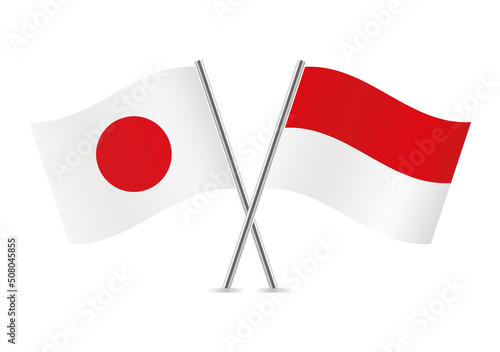 Japan and Indonesia crossed flags. Japanese and Indonesian flags on white background. Vector icon set. Vector illustration.