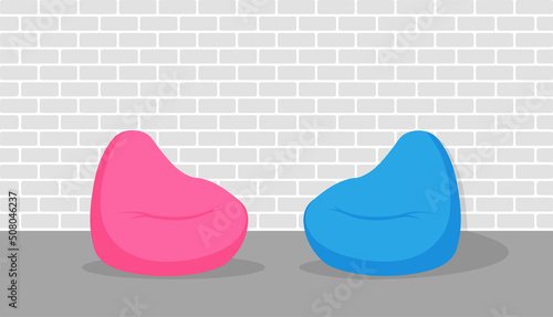 Blue and pink beanbag in white interior. Pouf soft furniture near the brick wall. Vector illustration isolated on white background.