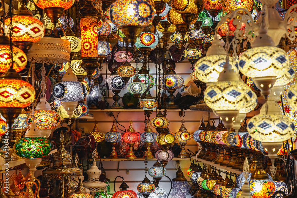 The set of traditional vintage Turkish lamps. Arabic lanterns background.