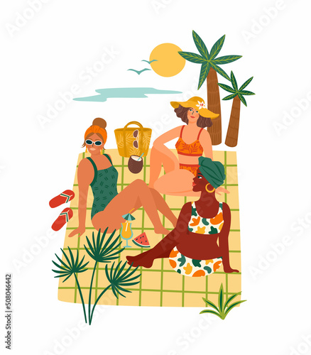 Vector illustration of women in swimsuit on tropical beach. Summer holliday, vacation, travel. Design element