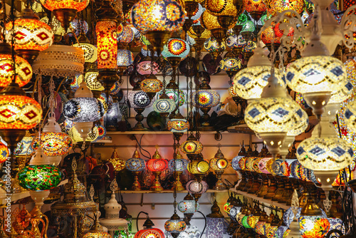 The set of traditional vintage Turkish lamps. Arabic lanterns background.