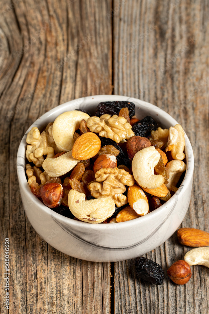 Mixed nuts on wooden background. Nuts, walnuts, raisins and cashews. close up Mixed nuts on wooden background. Nuts, walnuts, raisins and cashews. close up