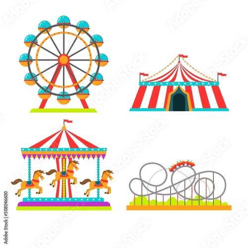 The amusement park elements set in the flat style. Circus, carousel, ferris wheel, roller coaster