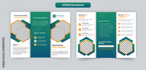 Kids admission modern trifold brochure design template with creative shape.