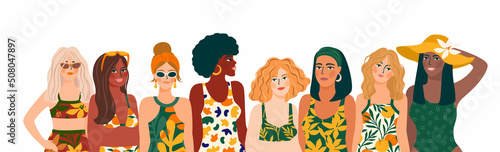 Vector illustration of women in bright swimsuit. Young girls with different skin colors. Design for summer concept and other