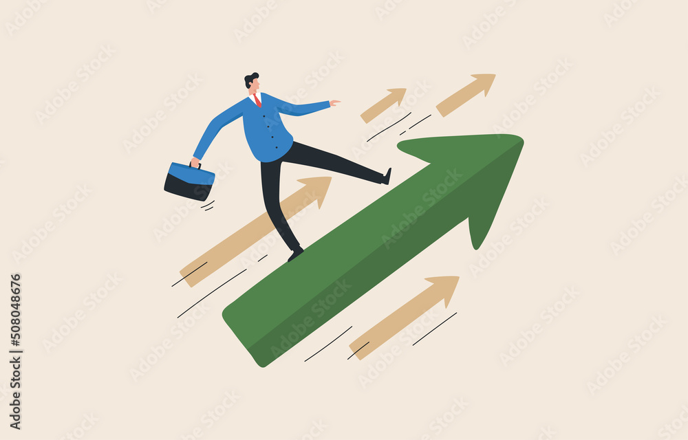 Challenges of strategy to grow and achieve business goals. Leadership in bringing the company to its goals. Leader with vision stands on a large green arrow.