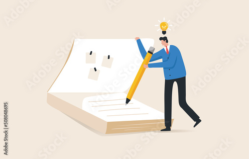 Take a note or diary.  New ideas or new creativity . Draft a new project. or business plan. Record the meeting..A businessman or a company employee uses a pencil to take notes as if having a new idea.