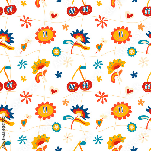 Psychedelic seamless patterns in retro 70s style, groovy hippie backgrounds. Teen cartoon funky print with abstract bright colors, stars, sun, crazy cherries