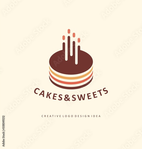 Birthday or wedding cakes minimal logo design idea. Simple food symbol for bakery store. Sweets and desserts vector icon.