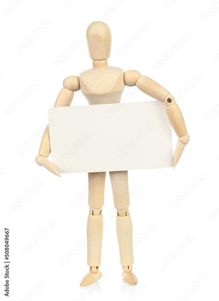Wooden Manikin holds blank business card on white background Wooden Manikin holds blank business card on white background