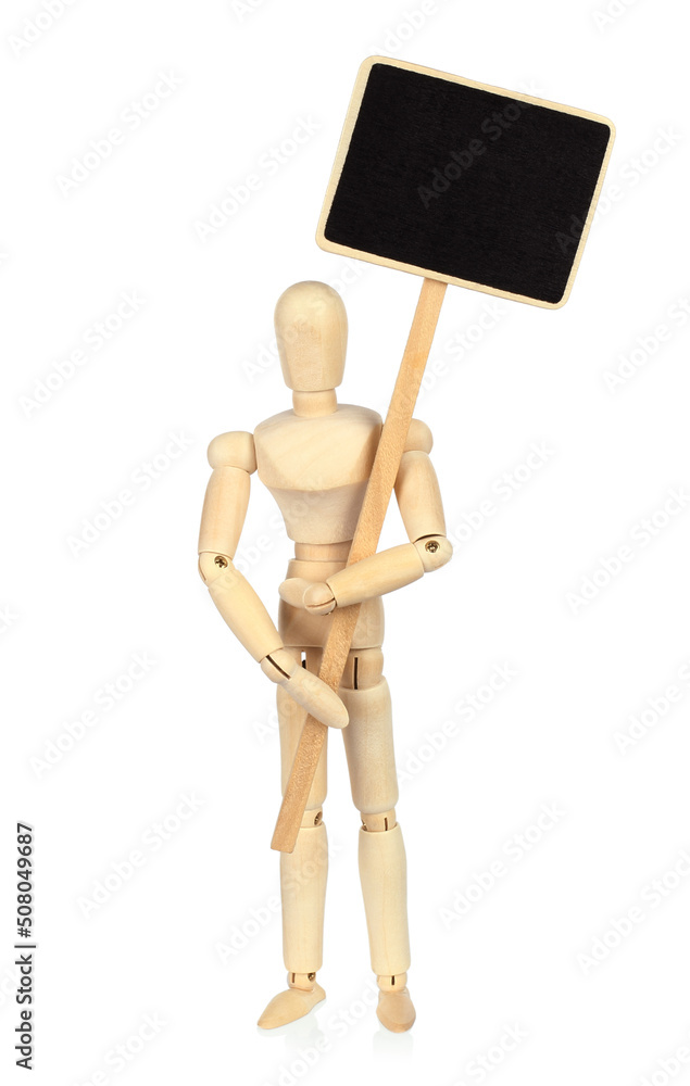 Wooden Manikin holds blank blackboard on white background Wooden Manikin holds blank blackboard on white background
