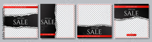 Vector illustration. Torn paper effect. Black gradient color banner collection. Design element for social media template, web banner, blog post, advertisement mockup. Decorative realistic 3d concept