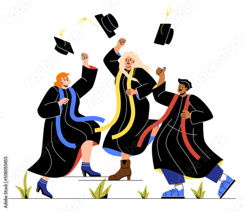 Student life concept. Guys and girl throw their hats up. Young professionals at graduation, characters have successfully completed their studies, modern education. Cartoon flat vector illustration