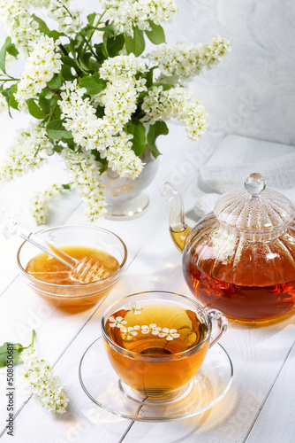 Useful spring tea with bird cherry in a transparent cup on a light background