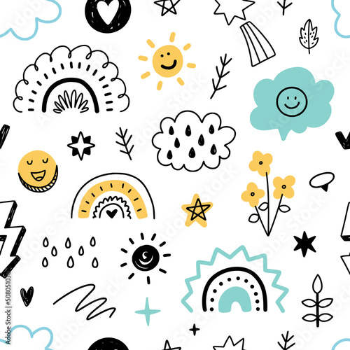 Cute seamless pattern with abstract doodle elements. Vector background with different hand drawn illustrations