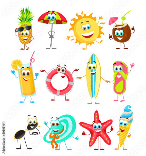 Set of Funny Summer Fruits and Summer Things with eyes - Collection. Cartoon funny characters  flat vector illustration