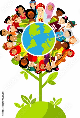 Vector illustration of multicultural national children, people on planet earth.
Set of international people in traditional costumes around the world.