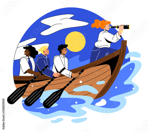 Teams with leaders in boats. Young girl looks through telescope. Goal setting, vision for future and long term planning. Talented and successful entrepreneur. Cartoon flat vector illustration
