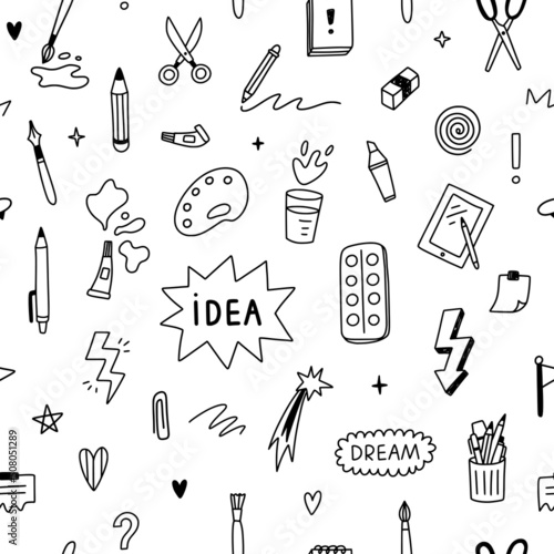 Hand drawn school seamless pattern. Vector background with doodle outline elements. Doodle art pattern